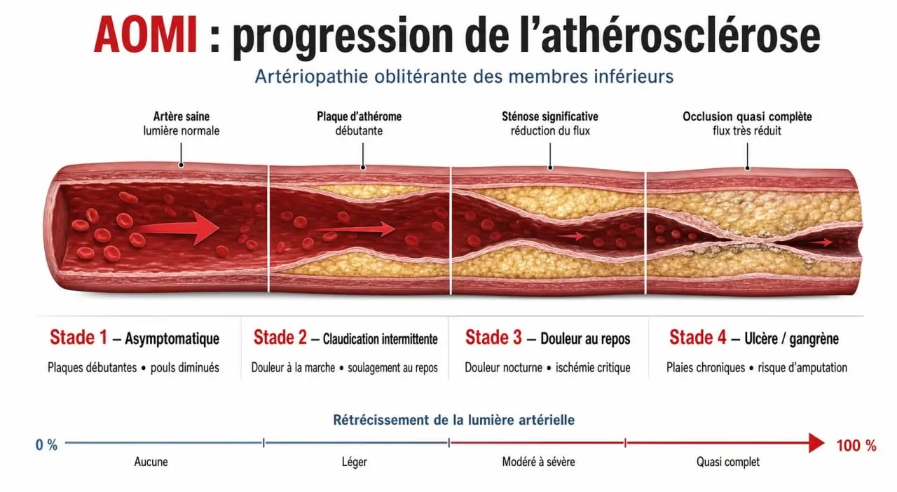 Schéma explicatif des stades de l'artériopathie oblitérante des membres inférieurs (AOMI) et progression de l'athérosclérose.