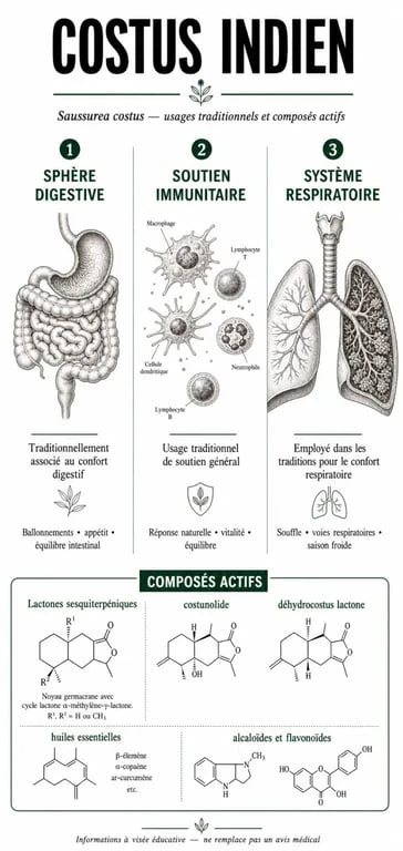 Infographie des bienfaits et propriétés du costus indien pour la santé