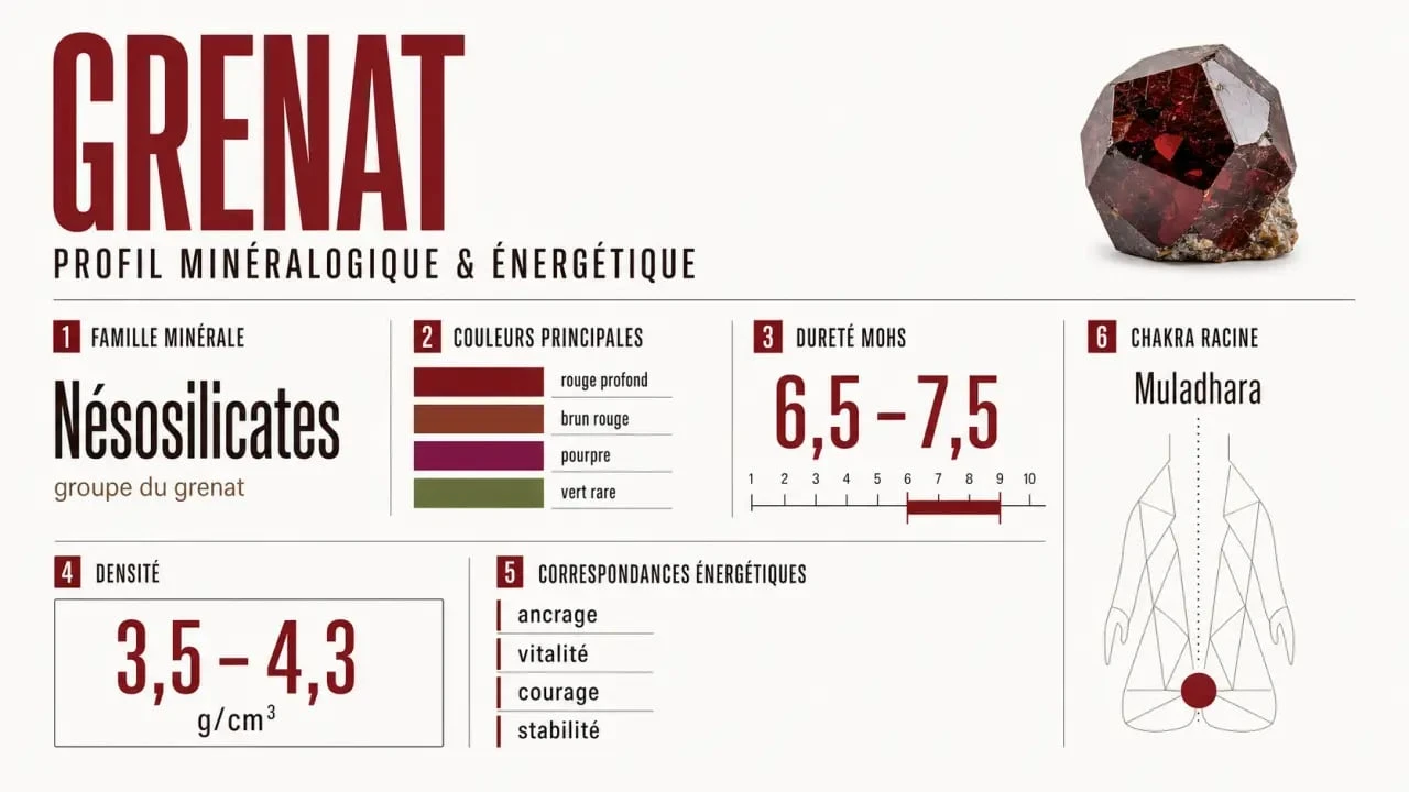Infographie sur le grenat vertus, ses propriétés minéralogiques, couleurs, dureté et chakras