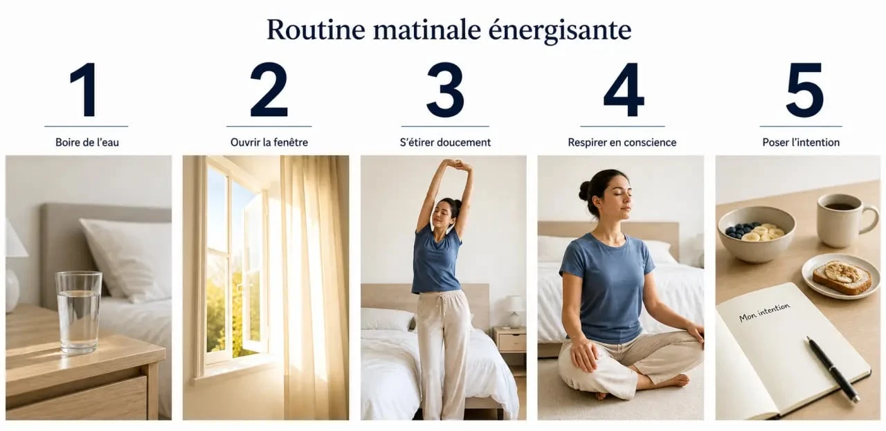 Routine matinale énergisante en cinq étapes avec eau, lumière, étirements, respiration et petit-déjeuner