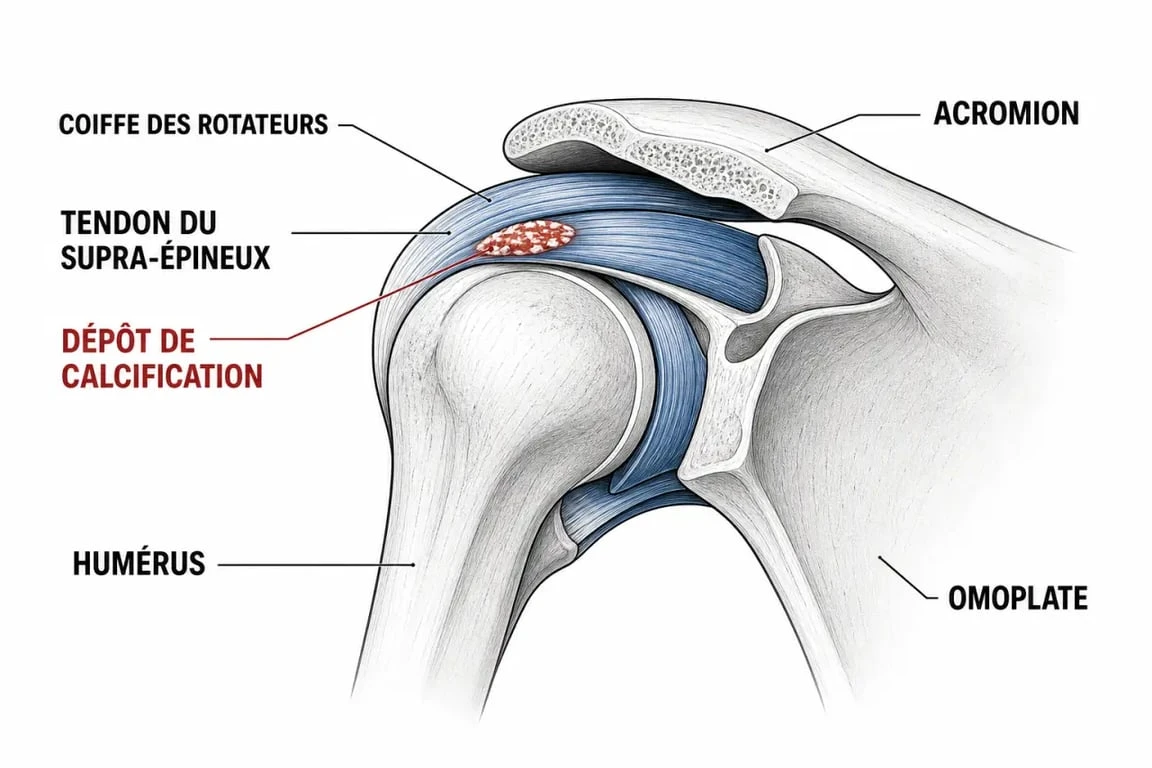 Schéma anatomique illustrant une calcification de l'épaule dans la coiffe des rotateurs