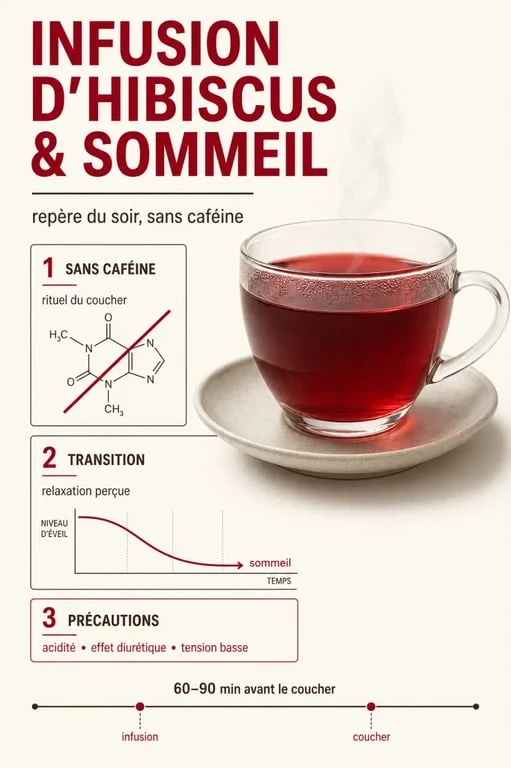 Hibiscus et sommeil : infographie sur les effets, le rituel du soir et les précautions
