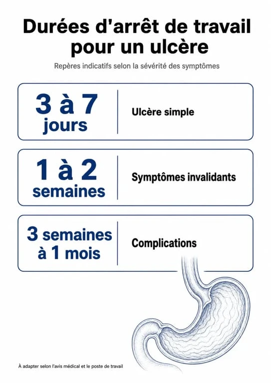 Infographie sur la durée d'arrêt de travail pour un ulcère gastrique ou duodénal selon la gravité des symptômes.