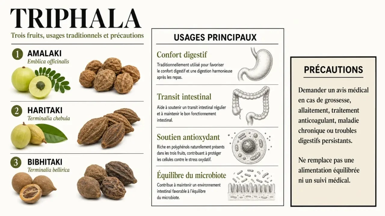 Triphala bienfaits : visuel santé montrant les trois fruits, les usages digestifs et les précautions