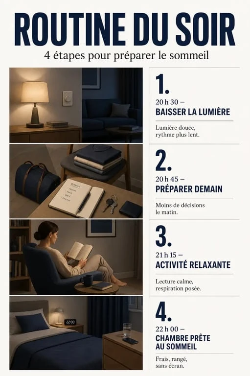 Une routine du soir pour bien dormir illustrée en 4 étapes