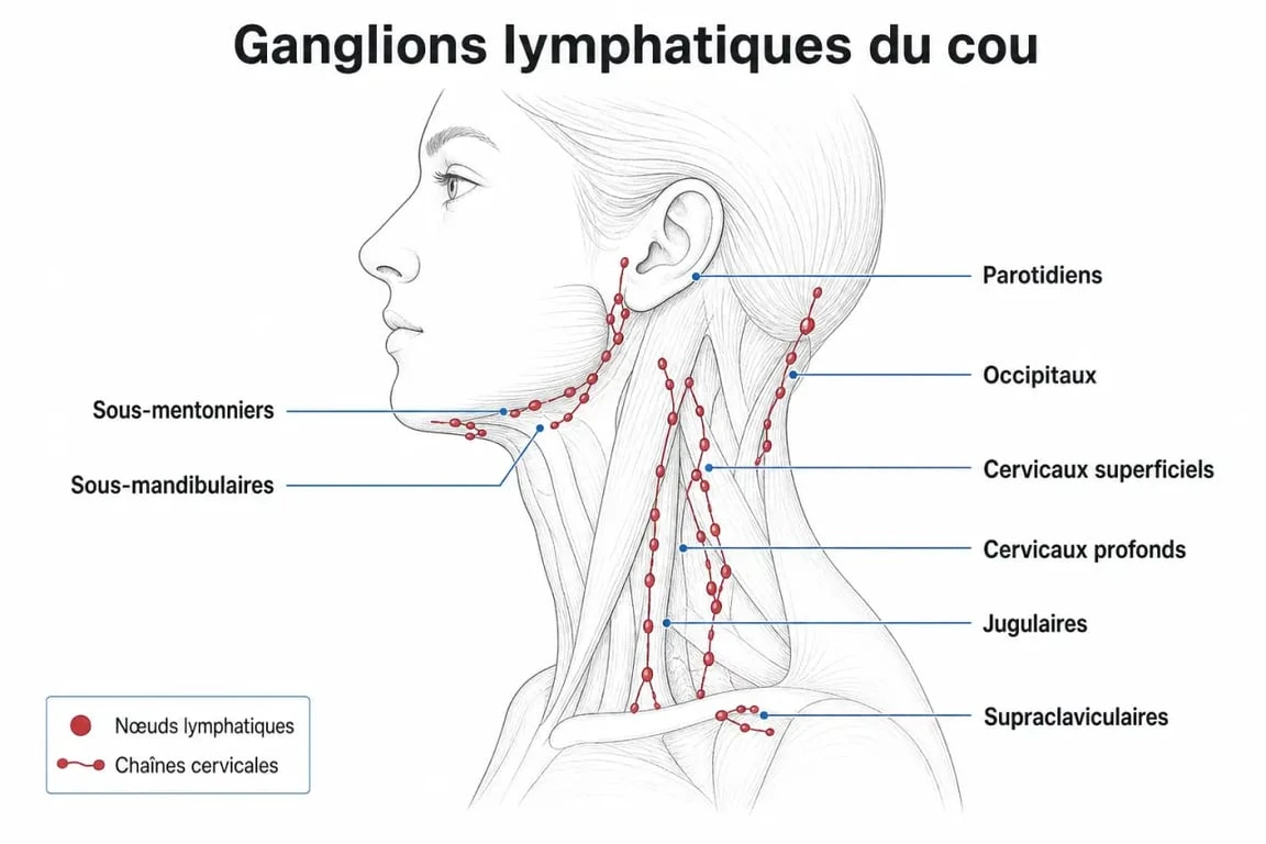 Schéma anatomique des ganglions du cou pour comprendre le ganglion douloureux au cou