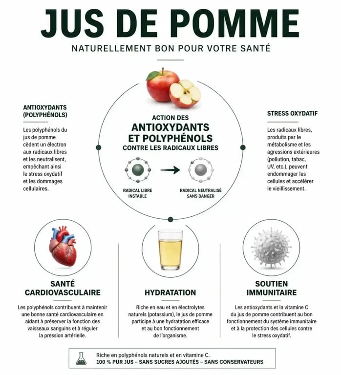 Infographie illustrant les bienfaits santé du jus de pomme, antioxydants et polyphénols