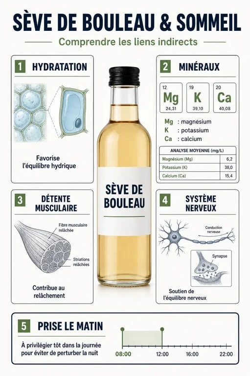 Sève de bouleau et sommeil : visuel explicatif sur les minéraux, la détente et la récupération nocturne