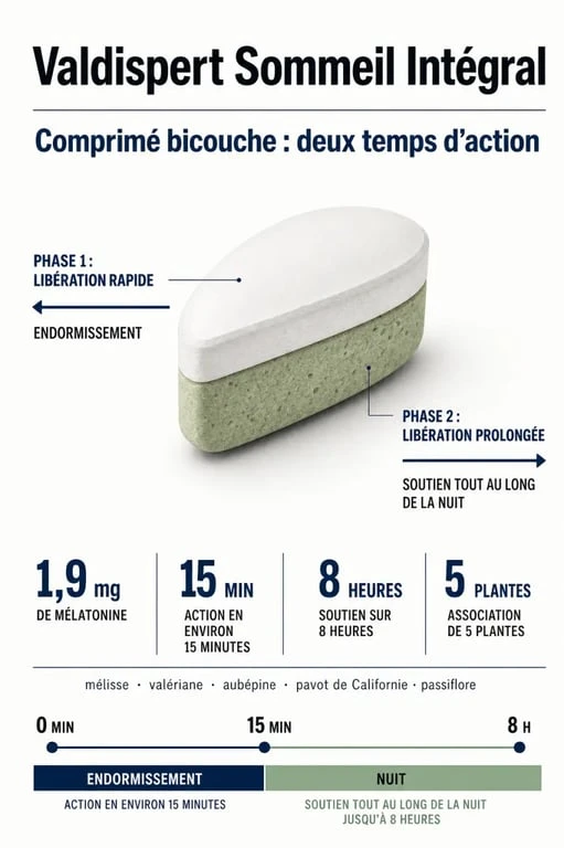 Valdispert Sommeil Intégral : schéma du comprimé bicouche avec mélatonine et plantes