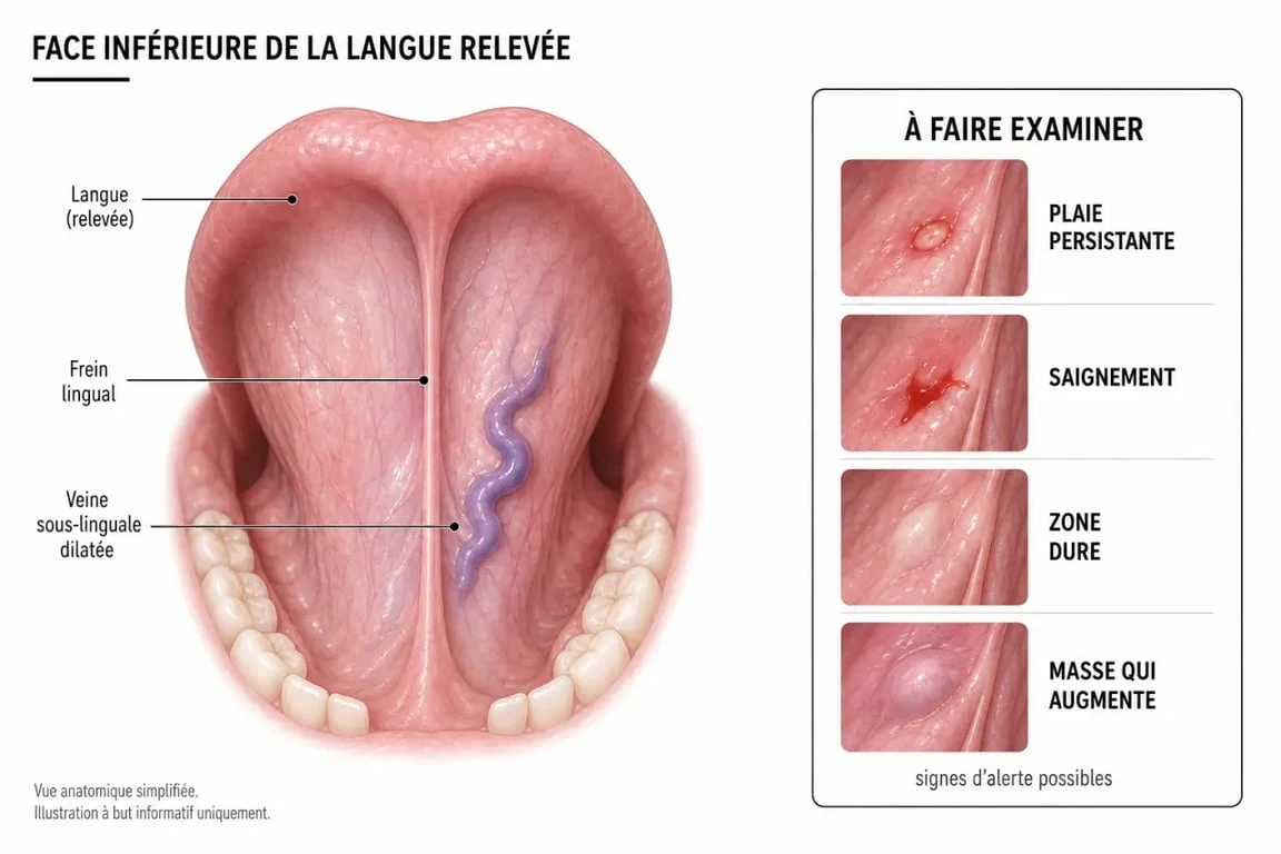 Photo varice sous la langue illustrée par un schéma médical de veine bleu-violet et de signes à surveiller