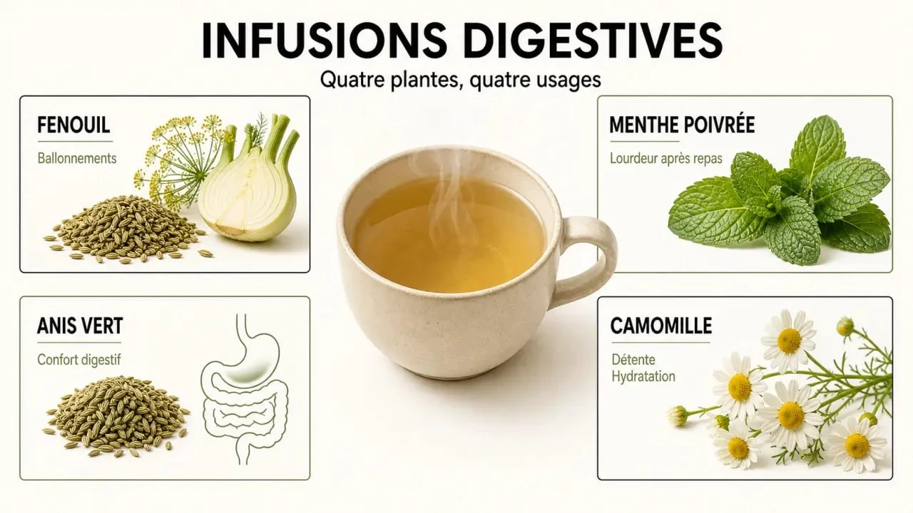 Infographie sur le thé pour ventre plat avec plantes digestives et bienfaits