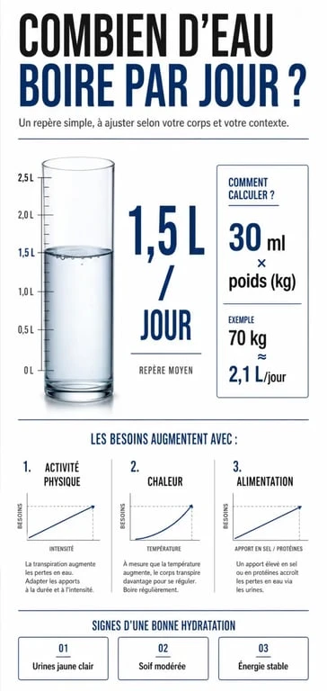 Infographie sur combien d'eau boire par jour avec repère de 1,5 litre, règle des 30 ml par kilo et conseils d'hydratation
