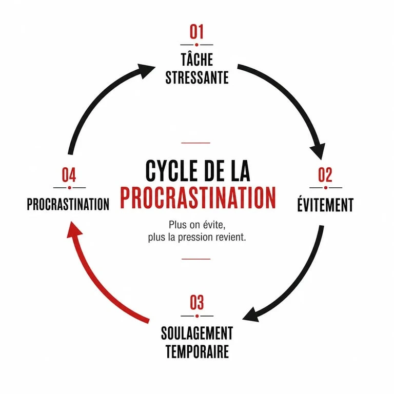 Infographie expliquant le cycle psychologique pour arrêter de procrastiner et mieux comprendre le mécanisme d'évitement.