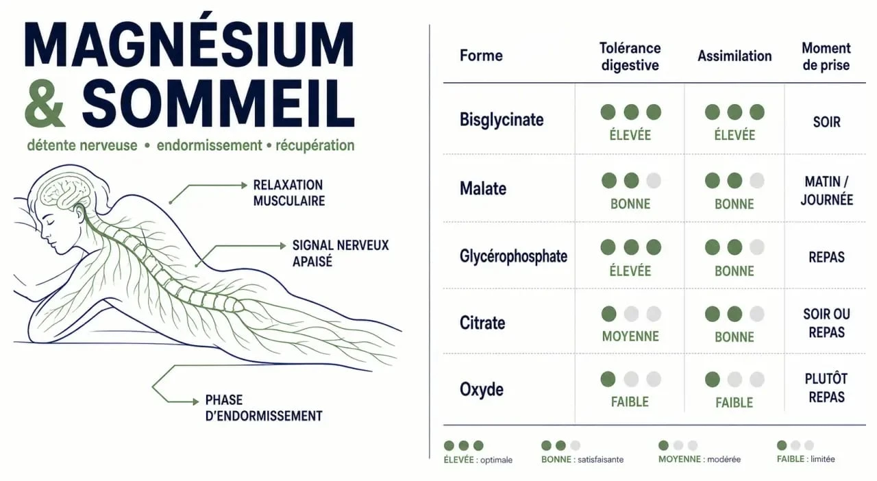 Magnésium et sommeil : illustration éditoriale comparant les formes de magnésium et leurs effets sur le repos
