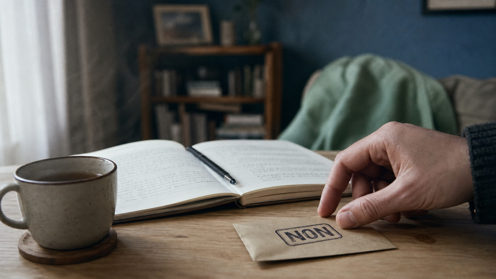Être gentille sans se sacrifier, main près d’une enveloppe NON, limites et respect