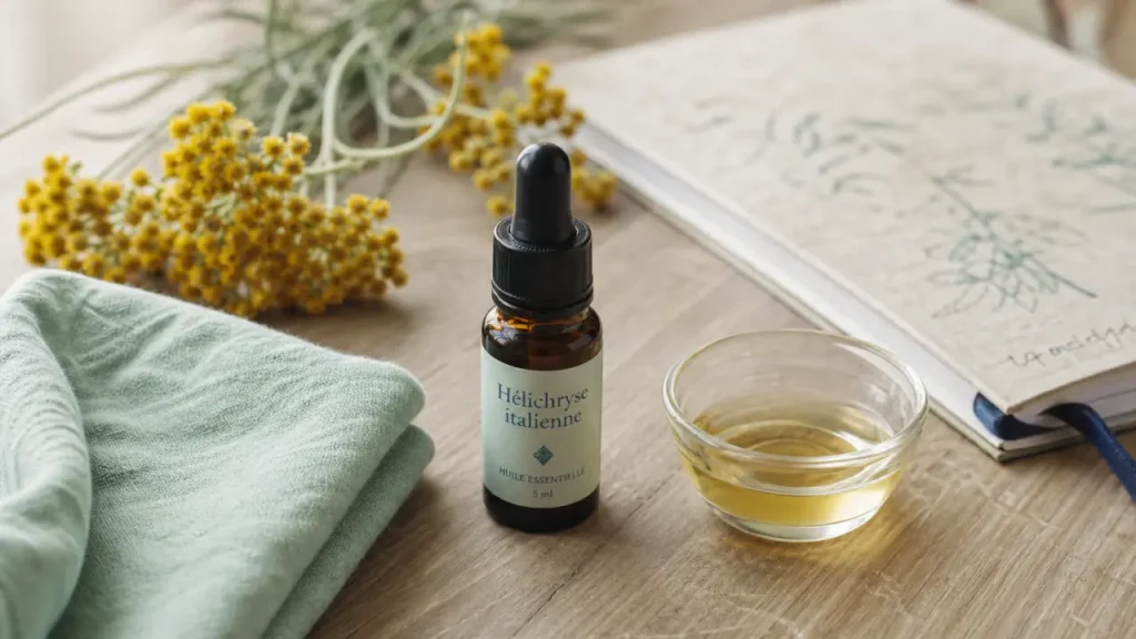 Huile essentielle immortelle utilisation : flacon, bleus et jambes lourdes