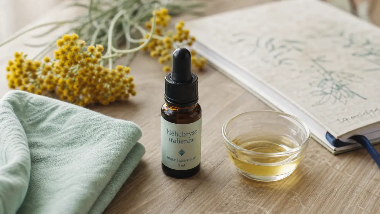 Huile essentielle immortelle utilisation : flacon, bleus et jambes lourdes