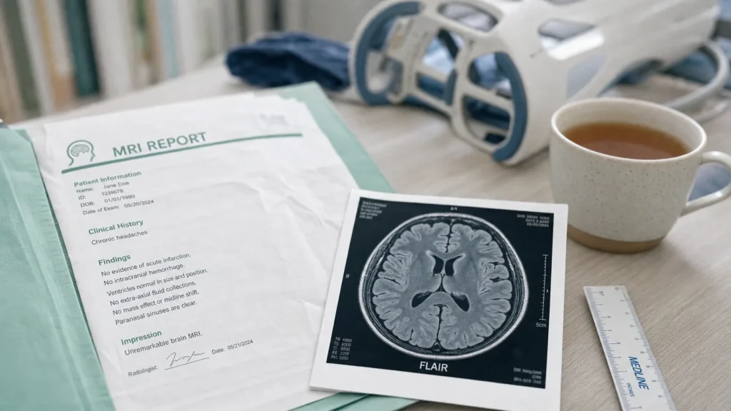 Hypersignaux FLAIR et vertiges sur IRM cérébrale, fiche et casque IRM