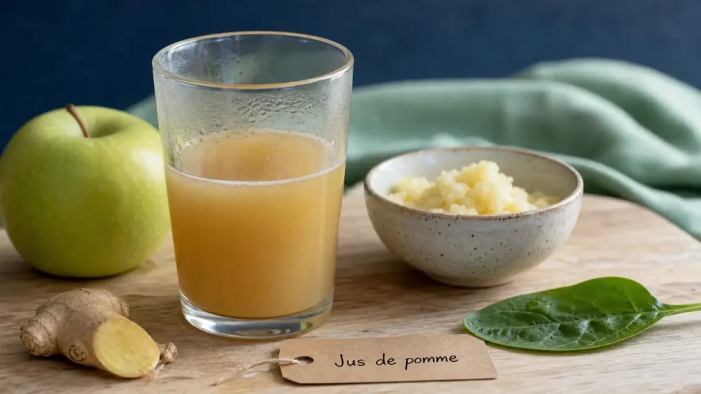 Jus de pommes bienfaits : verre de jus de pomme, pomme et gingembre
