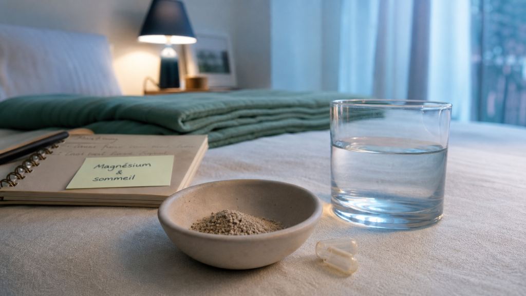 Magnésium et sommeil : glycinate pour la nuit, bol de magnésium et eau