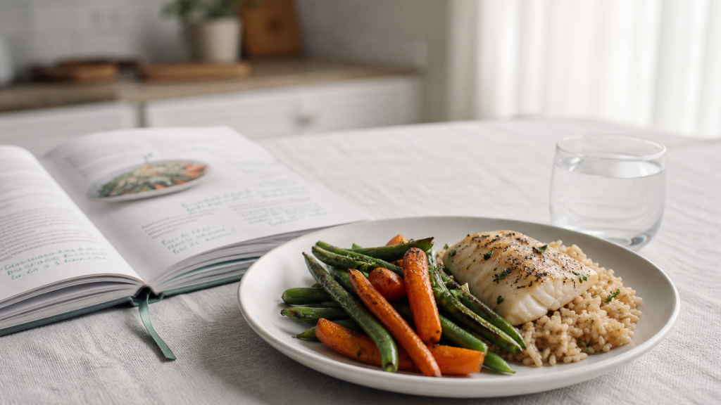 Manger équilibré sans se priver : assiette 80/20 légumes, féculents, poisson