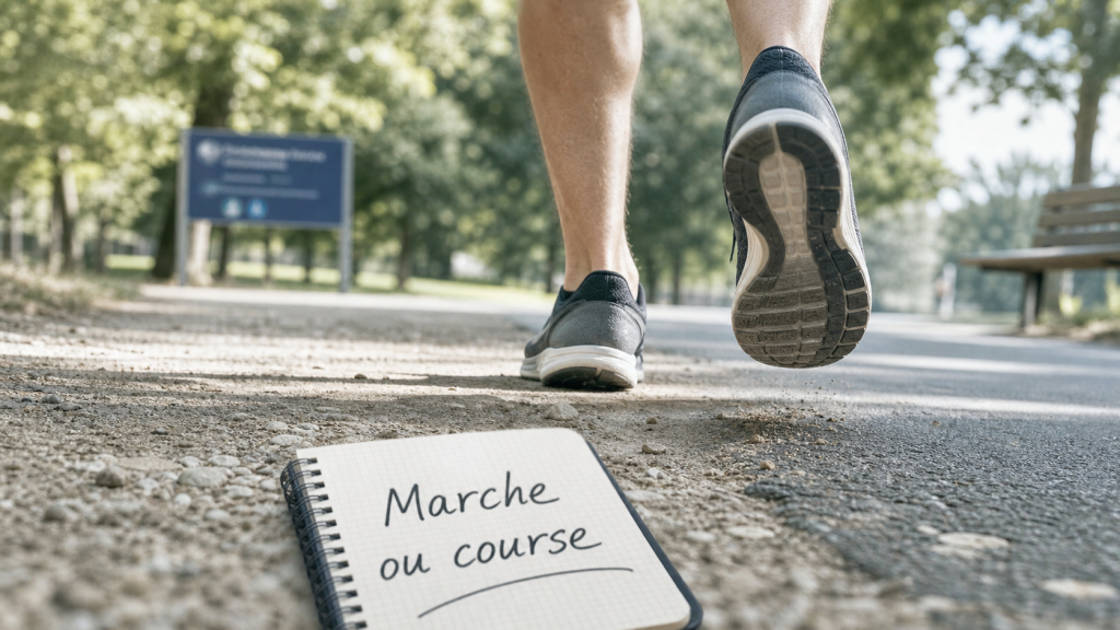 Marche rapide ou course : que choisir ? chaussures qui alternent sur un chemin