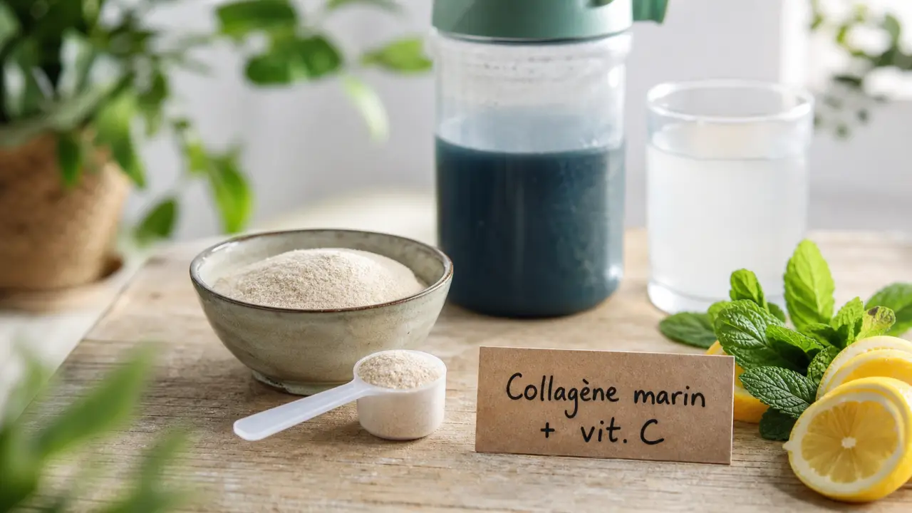 Meilleur collagene marin : poudre dans un bol, vit. C, citron et menthe