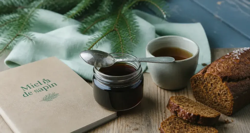 Miel de sapin bienfaits : pot sombre et cuillère, gorge et vitalité