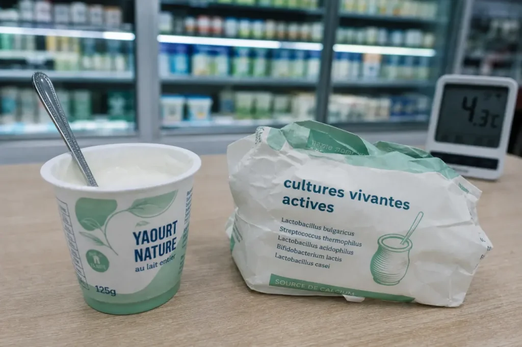 Yaourt aux probiotiques : cultures vivantes actives, réfrigéré