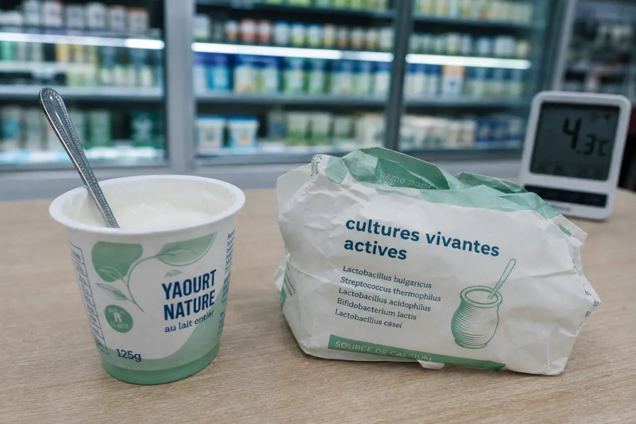 Yaourt aux probiotiques : cultures vivantes actives, réfrigéré