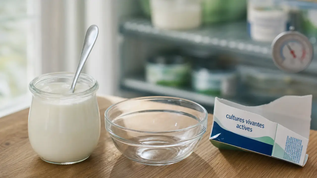 Yaourt aux probiotiques avec cultures vivantes actives, pot en verre et étiquette