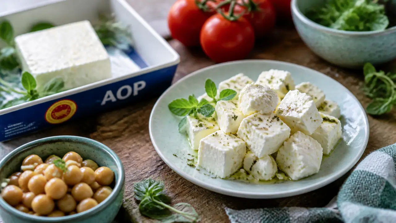 Bienfait feta AOP : dés de feta sur salade méditerranéenne, sel à surveiller