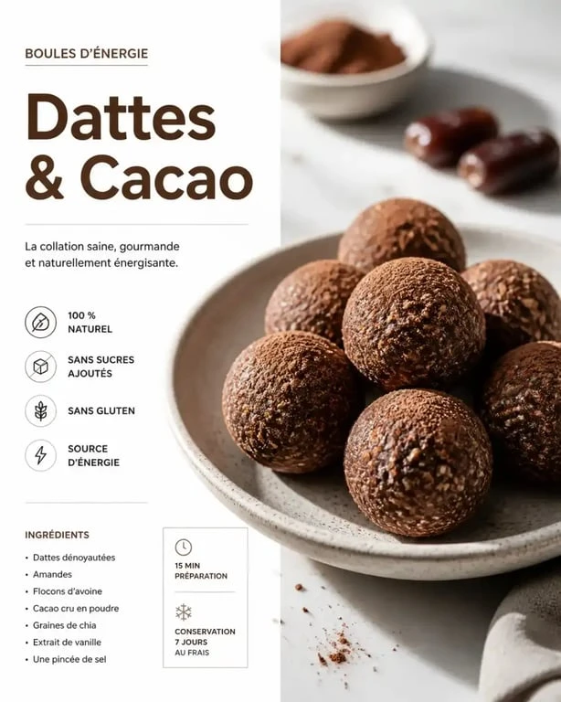 Energy balls maison aux dattes et cacao, collation saine et rapide.