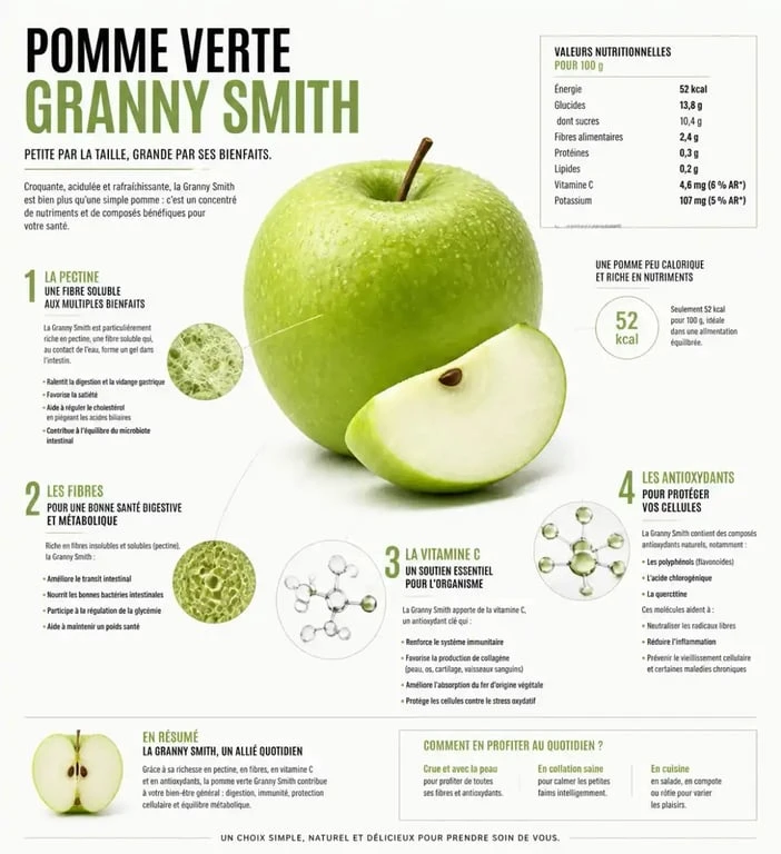 Infographie des bienfaits santé et nutriments de la pomme verte Granny Smith