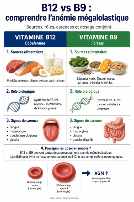 Vitamine B12 prise de sang : comparatif visuel entre B12 et B9 (folates)
