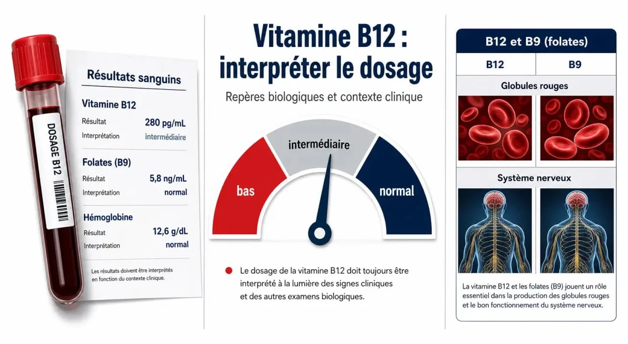 Vitamine B12 prise de sang : lecture des résultats entre taux bas, intermédiaire et normal