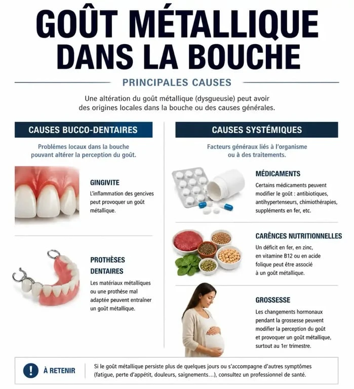 Infographie des causes du goût métallique dans la bouche et dysgueusie