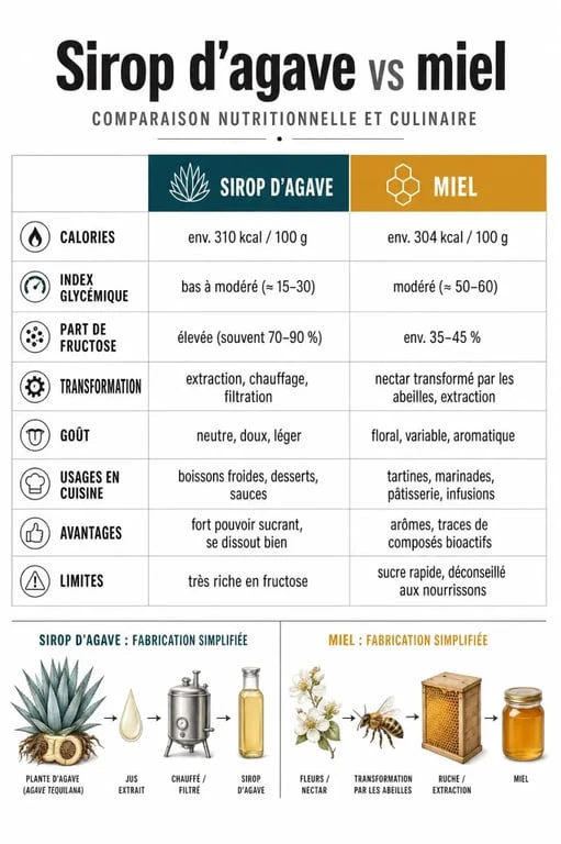 Infographie sur sirop d agave ou miel : comparaison nutrition, index glycémique, goût et usages