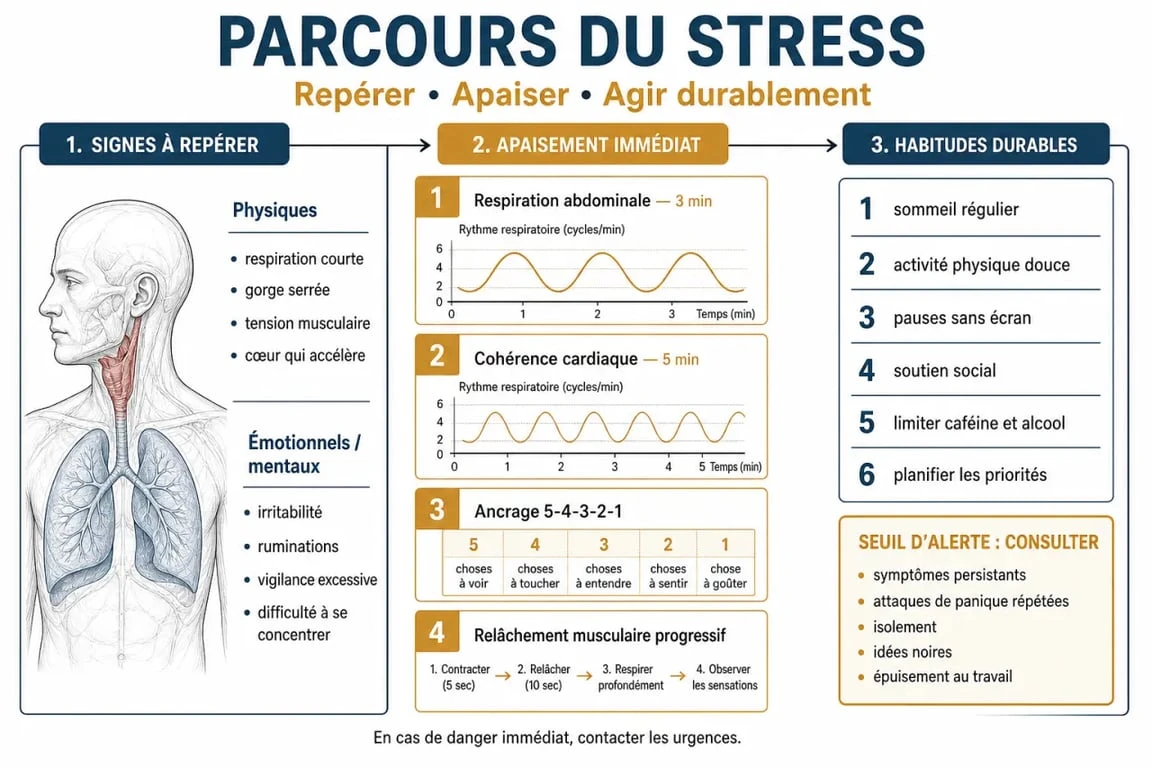Gestion du stress et des émotions : schéma du cycle stress, symptômes, techniques et consultation