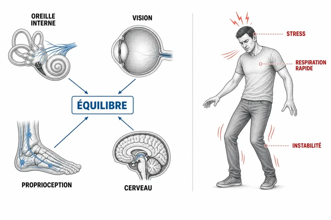 Stress vertige : schéma du système d’équilibre et des effets du stress sur le corps