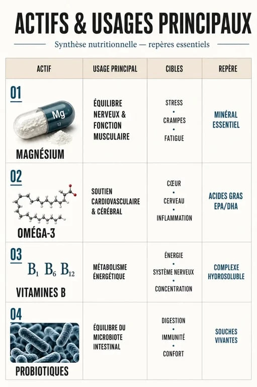 Tableau récapitulatif des actifs naturels pour les compléments alimentaires et santé mentale
