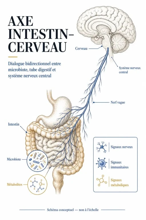 Schéma explicatif de l'axe intestin-cerveau et son impact sur les compléments alimentaires et santé mentale