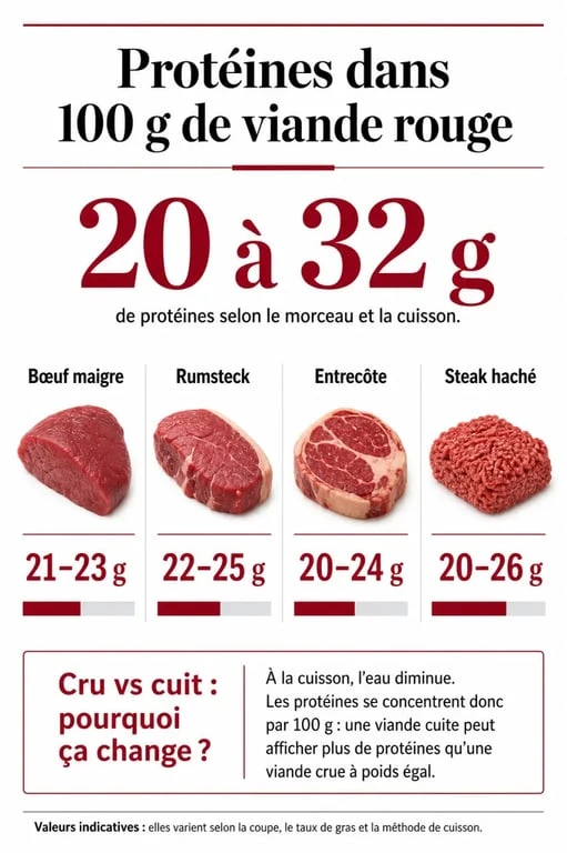 Combien de proteine dans 100g de viande rouge : tableau comparatif des protéines par morceau et selon l’état cru ou cuit