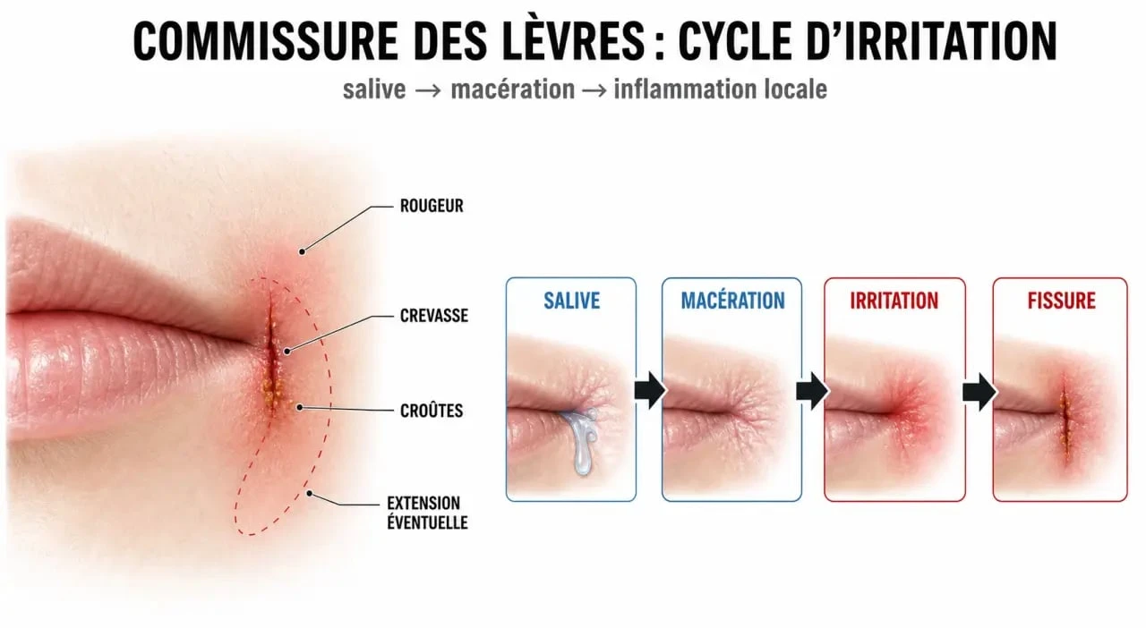 Schéma des commissure des levres fendues montrant la commissure, la salive, la macération et la fissure au coin de la bouche
