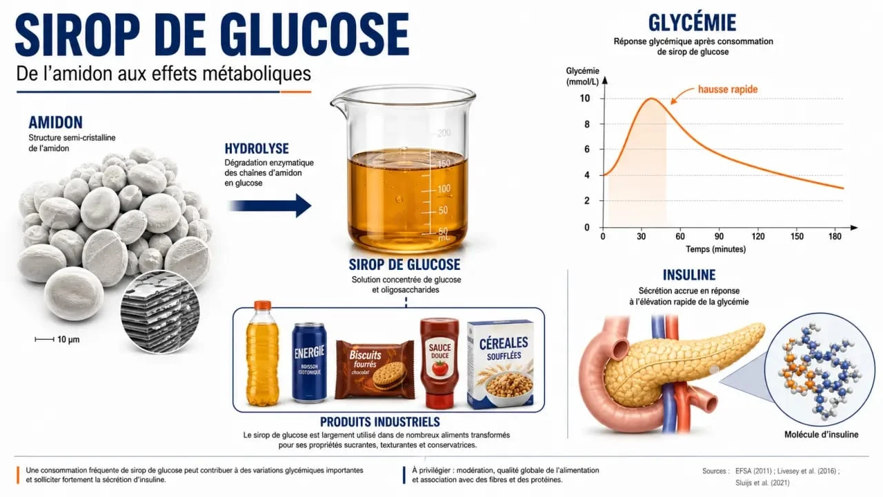 Sirop de glucose santé : schéma scientifique montrant sa fabrication, son index glycémique élevé et ses effets sur la glycémie