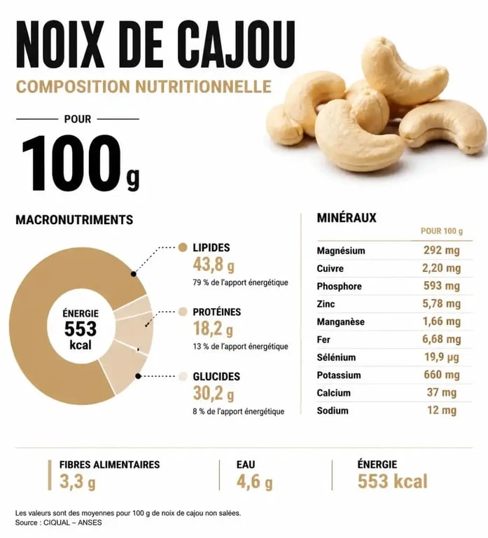 Infographie sur la composition nutritionnelle et les calories des noix de cajou