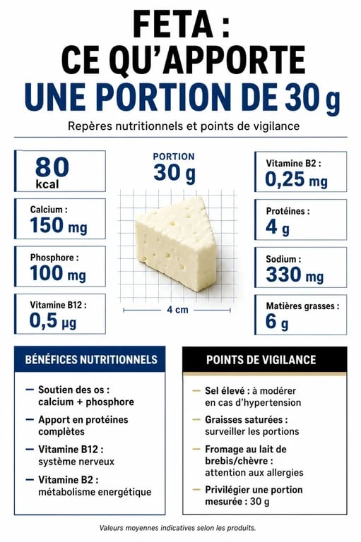 Bienfait feta : infographie sur les nutriments, les apports et les points de vigilance d’une portion de 30 g