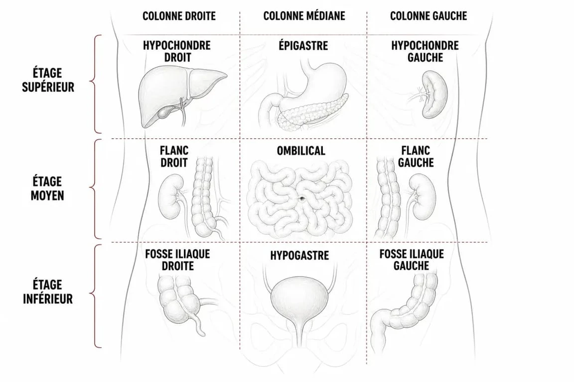 Les organes des 9 regions de l abdomen en schéma anatomique clair