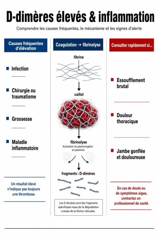 Infographie sur les D-dimères élevés et inflammation montrant les causes, le mécanisme et les signes d’alerte