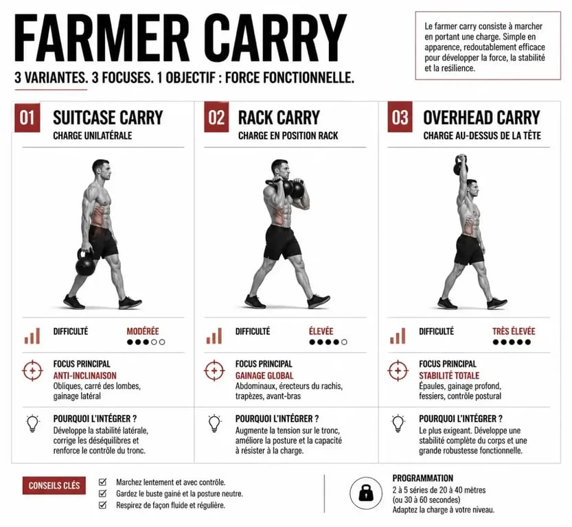 Comparatif des variantes de l'exercice farmer carry